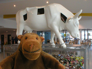 Mr Monkey in front of a white cow with holes cut in it