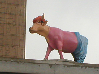 A cow in turban, pink top and baggy blue trousers