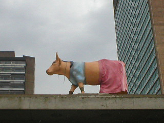 A cow in a blue top and pink skirt 
