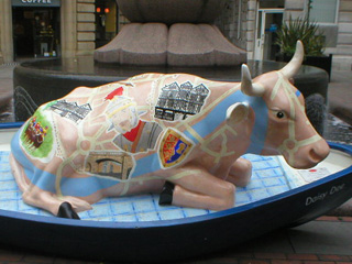 A cow decorated with a schematic of Chester
