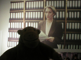 Mr Monkey in front of a still from Prime Suspect