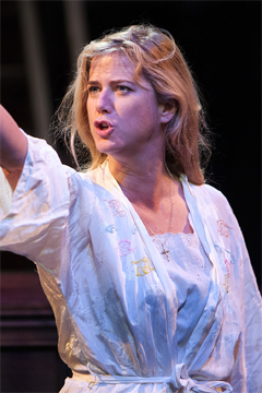 Lady Torrance (Imogen Stubbs) makes a point (Royal Exchange Theatre production photo)