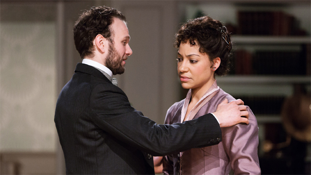 Nora (Cush Jumbo) is not reassured by Torvald (David Sturzaker) (Royal Exchange Theatre production photo)