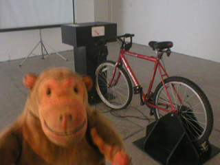 Mr Monkey avoiding cycling to power Sam Meech's Noahs Ark and Hackspace's Cyclevision