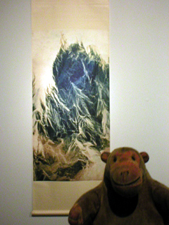 Mr Monkey looking at one of Wu Chi-Tsung's Wrinkled textures cyanotypes
