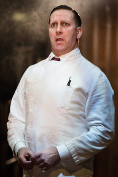 His skin was pale and his eye was odd : Sweeney Todd (David Birrell) thinks of things to do with razors (Royal Exchange Theatre production photo)