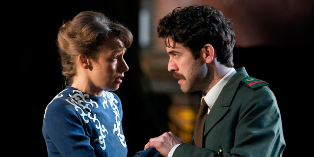 Beatrice (Ellie Piercy) and Benedick (Paul Ready) (Royal Exchange Theatre production photo)