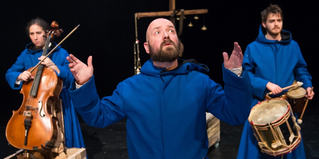 The Pardoner (Gary Lagden) and his musicians (Hannah Marshall and Christopher Preece) set about the business selling forgiveness (photo from Unicorn website)
