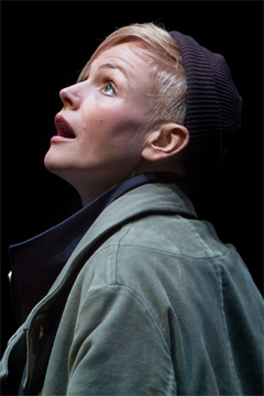 Hamlet (Maxine Peake) waiting to see a ghost (Royal Exchange Theatre production photo)