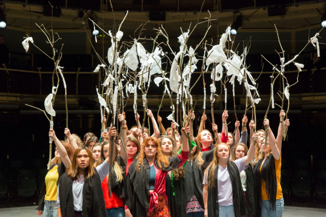 The Chorus in The Suppliant Women. (Royal Exchange Production photo by Stephen Cummiskey)