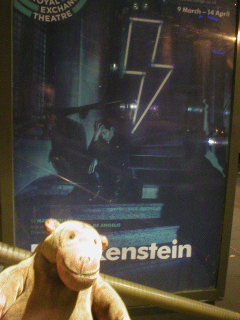 Mr Monkey looking at the poster for Frankenstein