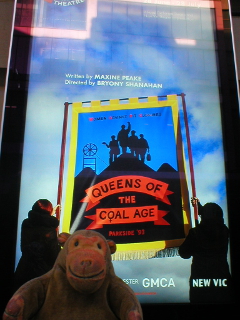 Mr Monkey looking at the poster for Queens of the Coal Age