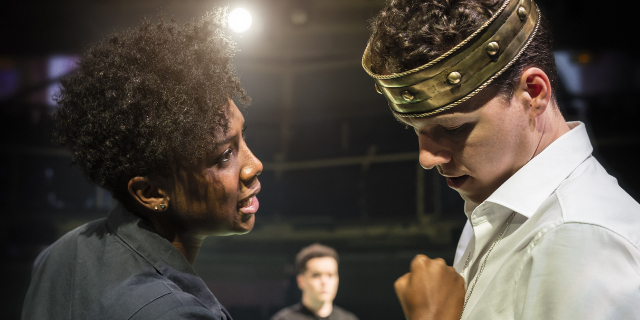 Jade Anouka as Queen Margaret, Islam Bouakkaz as Prince Edward and Max Runham as Henry VI. (Production photo by Johan Persson)