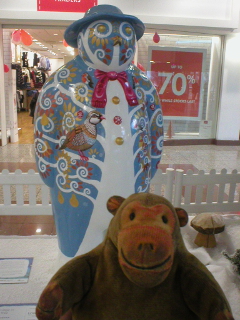Mr Monkey looking at the A Partridge in a Pear Tree snowman