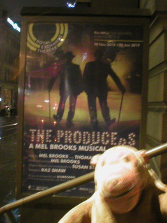 Mr Monkey looking at the poster for The Producers