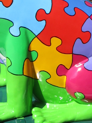 Coloured jigsaw pieces on Foster the Frog's side