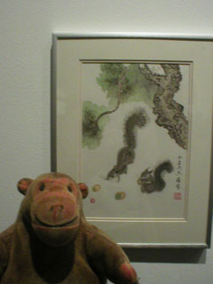 Mr Monkey looking at squirrels painted by Mary Tang