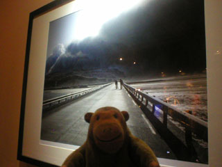 Mr Monkey looking at a photo of an ash-shrouded causeway by Anna Maria Sigurjondottir