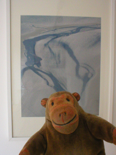 Mr Monkey looking at a panel from Aerial View - Triptych by John Tyler