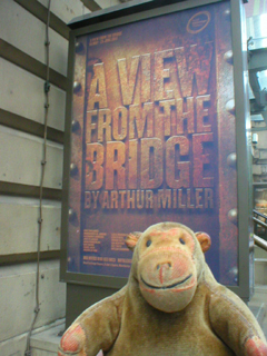 Mr Monkey looking at the poster for A View From The Bridge