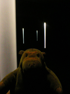 Mr Monkey examining the light tubes of Intrinsic by Angie Atmadjaja