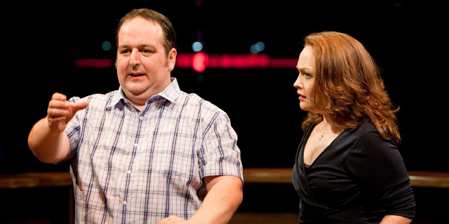 Justin Moorhouse and Victoria Elliot as the Landlord and Landlady (Royal Exchange Theatre production photo)
