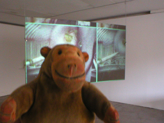 Mr Monkey watching the Babel Fiche video by Dave Griffiths