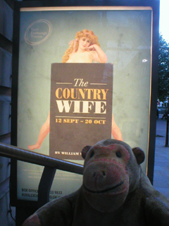 Mr Monkey looking at the The Country Wife poster outside the theatre