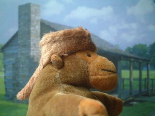 Mr Monkey wearing his coonskin cap outside Davy Crockett's cabin