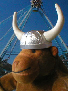 Monkey wearing his horned Viking helmet