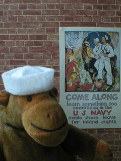 Monkey reading a Navy poster on a wall