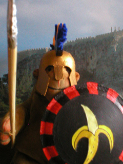 Mr Monkey with his hoplite helmet and shield