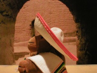 Mr Monkey wearing a sombero in a ruined Spanish mission