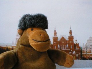 Mr Monkey in his furry ushanka in Red Square