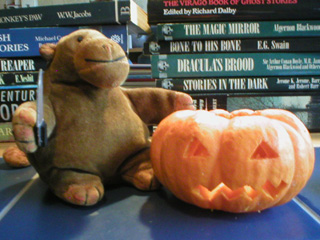 Mr Monkey standing beside the pumpkin, which has two eyes and a mouth