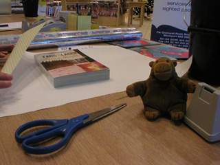 Mr Monkey standing by the sellotape while a book is wrapped