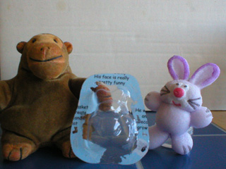 Mr Monkey comparing the size of the fully grown rabbit and the original packaging
