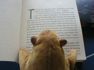 Mr Monkey reading the acknowledgements page of Vanished