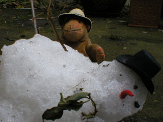 Mr Monkey checking the slain snowman for signs of life