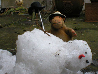 Mr Monkey posing with the slain snowman