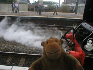 Mr Monkey watching steam being released before the train leaves