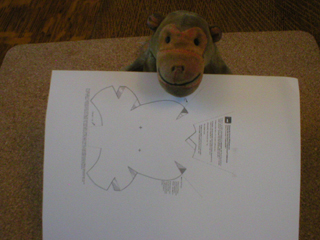 Mr Monkey holding a monkey-compatible print out of the mask