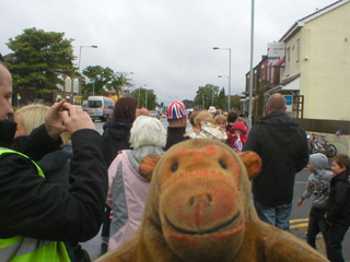 Mr Monkey watching the crowd waiting for the torch