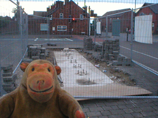 Mr Monkey looking at the foundations of the sculpture surrounded by fencing