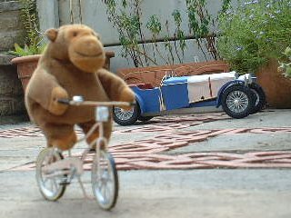 Mr Monkey cycling, with his car in the backgorund