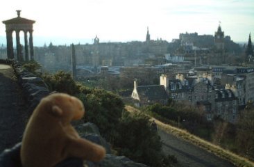 Mr Monkey looking towards Edinburgh Castle from Carlton Hill