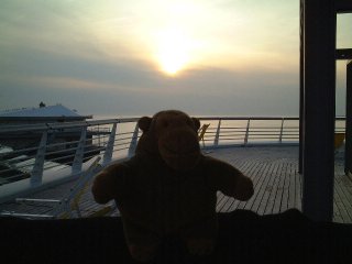 Mr Monkey looking into the early evening sun from Scheveningen pier