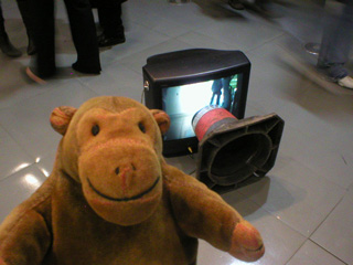 Mr Monkey looking at the TV part of Cone and TV