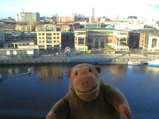 Mr Monkey looking down at the Newcastle Quayside