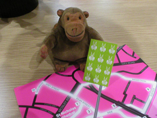 Mr Monkey with the Vampire Rabbit trail map and stickers